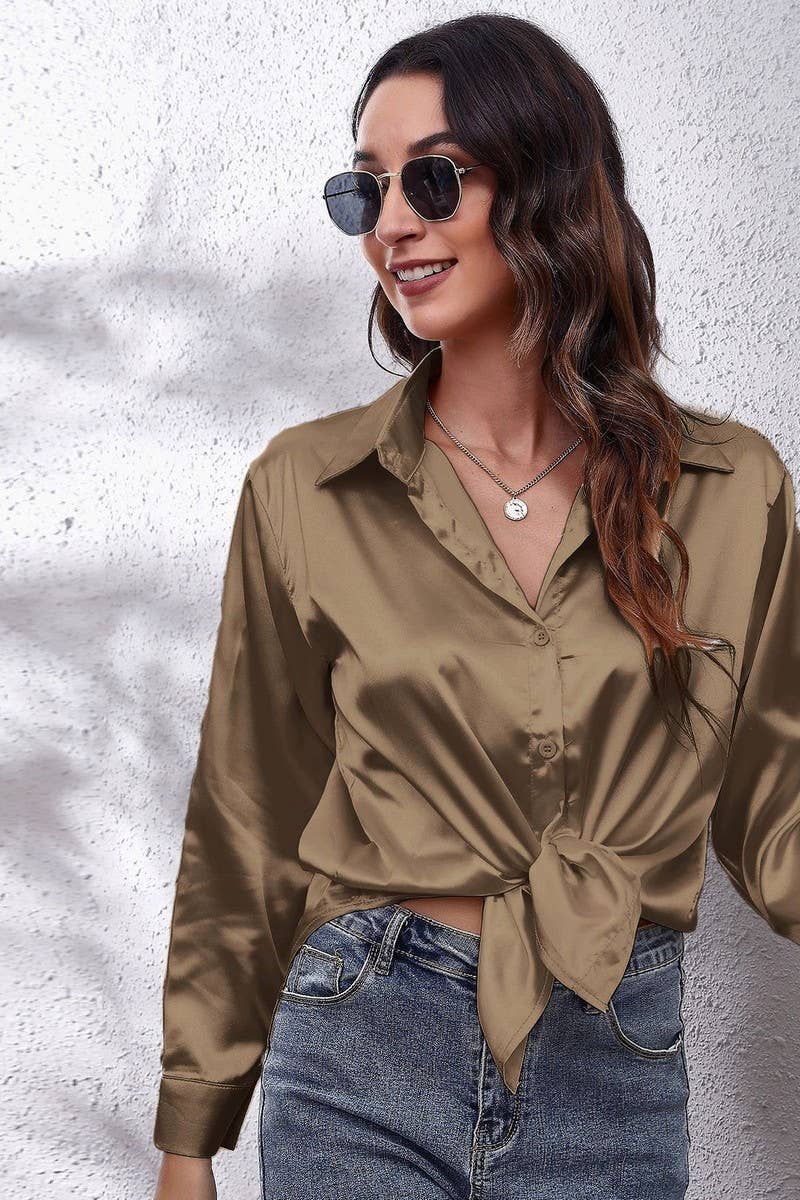 NINEXIS - Wholesale Button Down Shirt - Women's - CWTBLL0691_Button Down Silky Satin Long Sleeve Top59