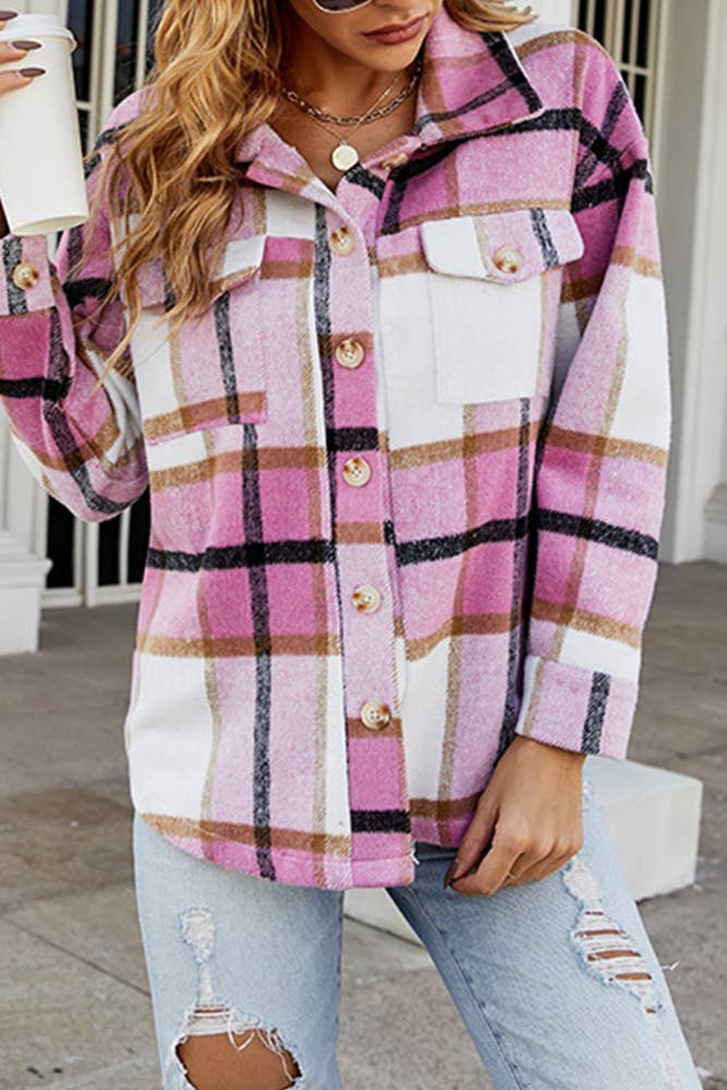 Comely Fashion – wholesale Shirt Jacket/Shacket - Women’s – Flannel Pockets Button Up Plaid Shacket CF-QXX0235