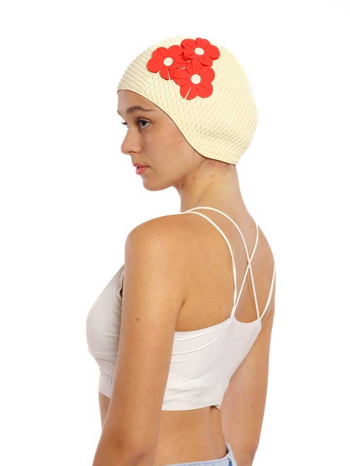 Cuffia da nuoto vintage bianca con 3 fiori 427 per la vendita all'ingrosso da parte di KORES ACCESSORIES