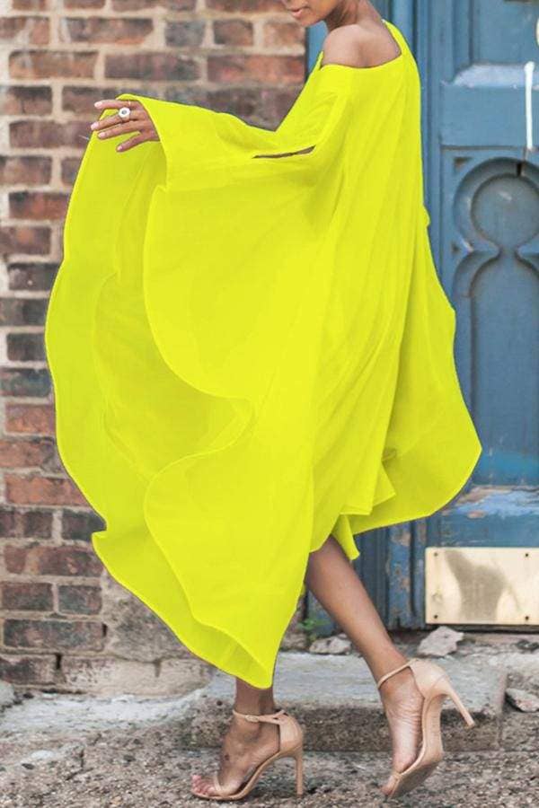 Queen Fashion – Vestido - Mulher por atacado – Vestido Assimétrico de Chiffon com Manga de Morcego e Um Ombro Só até Meio da Perna2