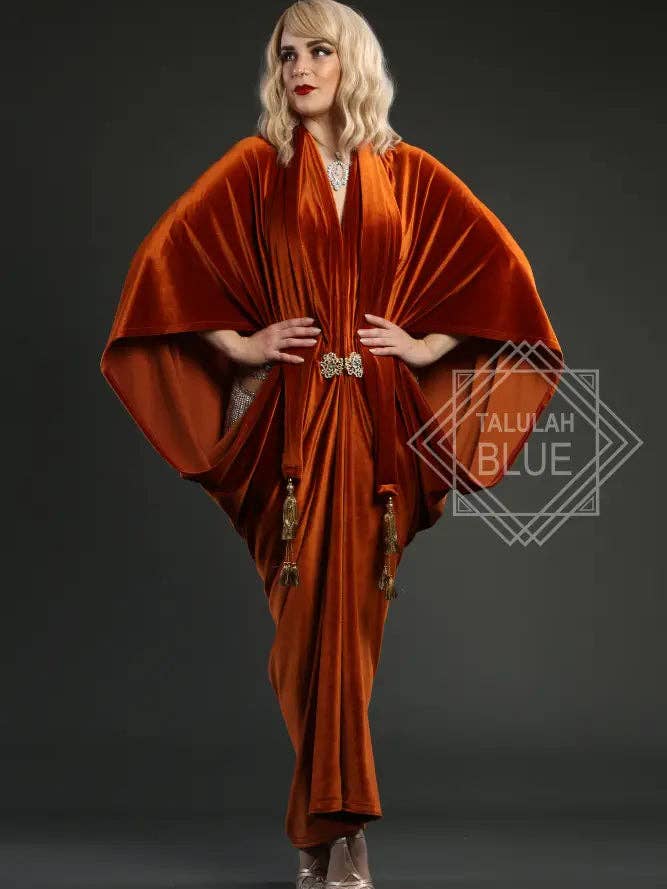 1920'ernes orange fløjl Great Gatsby kjole - Gulvlængde flapper cocoon frakke for engroshandel hos Talulah Blue