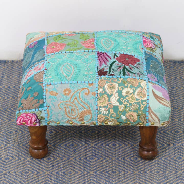 Novica Handmade Rajasthani Patchwork Embellished Ottoman for wholesale by NOVICA