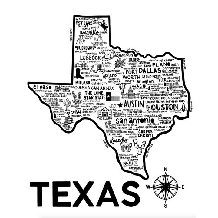 Impresión de mapa de Texas Blanco para venta al por mayor de Whereabouts Shop