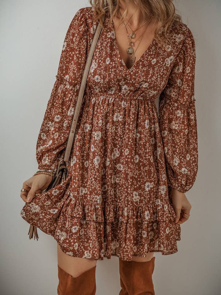 Brown Ashley Boho Floral Puff Sleeve Mini Dress for wholesale on Faire2
