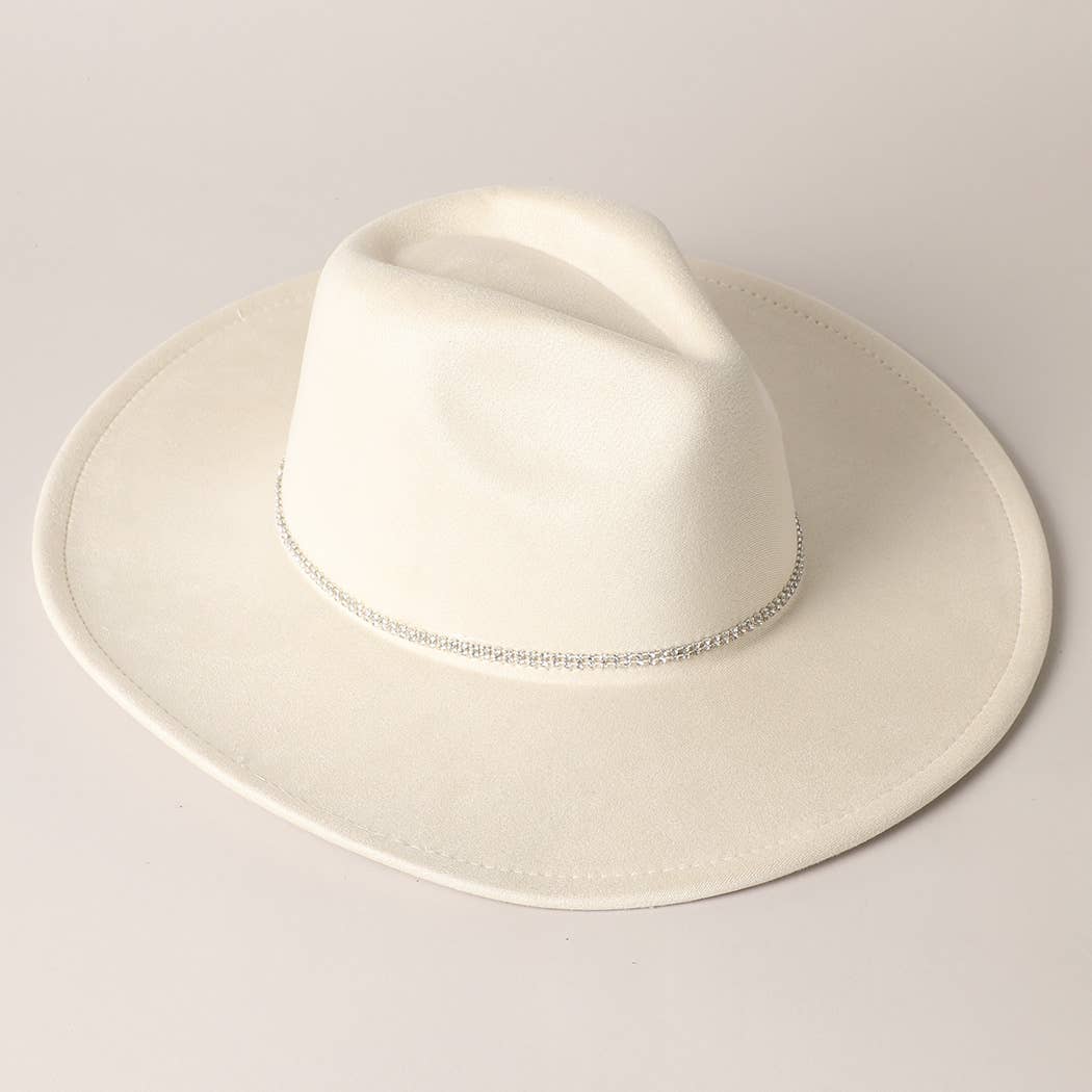 Fashion City – Fedora - Mulher por atacado – Chapéu Fedora de Camurça com Aba Larga e Faixa de Strass5