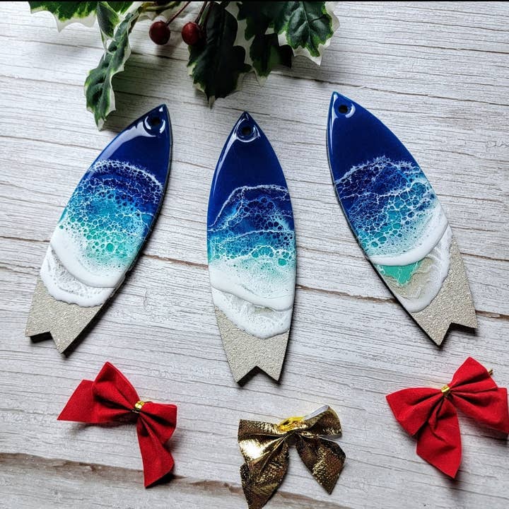 Ocean Wave Surfboard Ornaments for wholesale by Crafted By Rachel