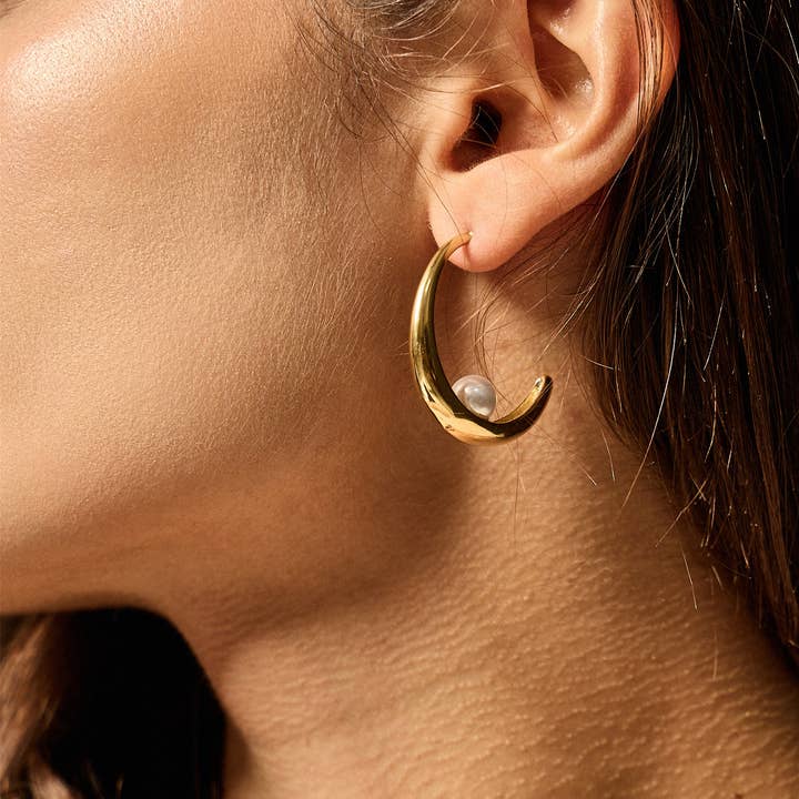 BELLISSIMA BIJOUX - Wholesale Dangle Earrings - Stainless Steel Moon and Pearl Hoop Earrings0