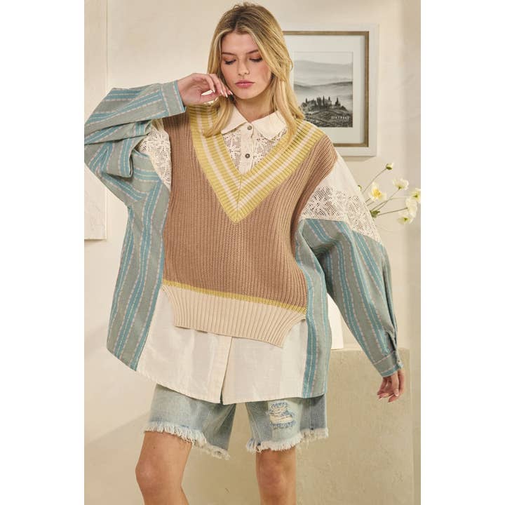 WASHED OVERSIZED BUTTON FRONT SHIRT WITH SWEATER VEST for wholesale by Oli&Hali