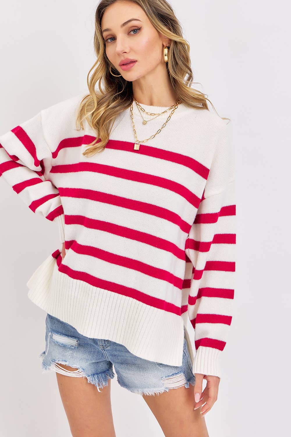 Sweet Lovely by Jen – wholesale Tunic sweater – Women’s – STRIPED PULLOVER OVERSIZE  SWEATER38