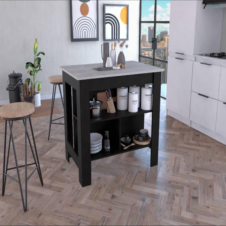 Treevol Furniture - Wholesale Kitchen Storage/Organizer - Kitchen Island Dozza, Kitchen, Black / Ibiza Marble