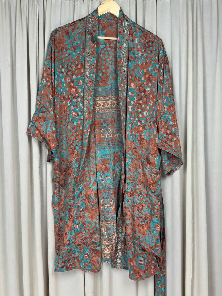 Recycle Silk Short Kimono Loungewear Boho Robe Beach Coverup for wholesale by The Eastern Loom