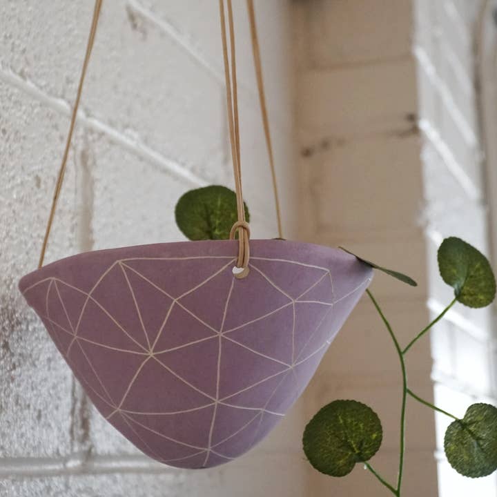 Geotriangle Hanging Planter in Purple & White for wholesale by Half Light Honey