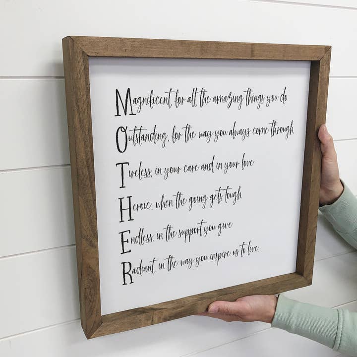 MOTHER Acrostic Poem Wood Frame Sign - Mother's Day Gift for wholesale by Hangout Home