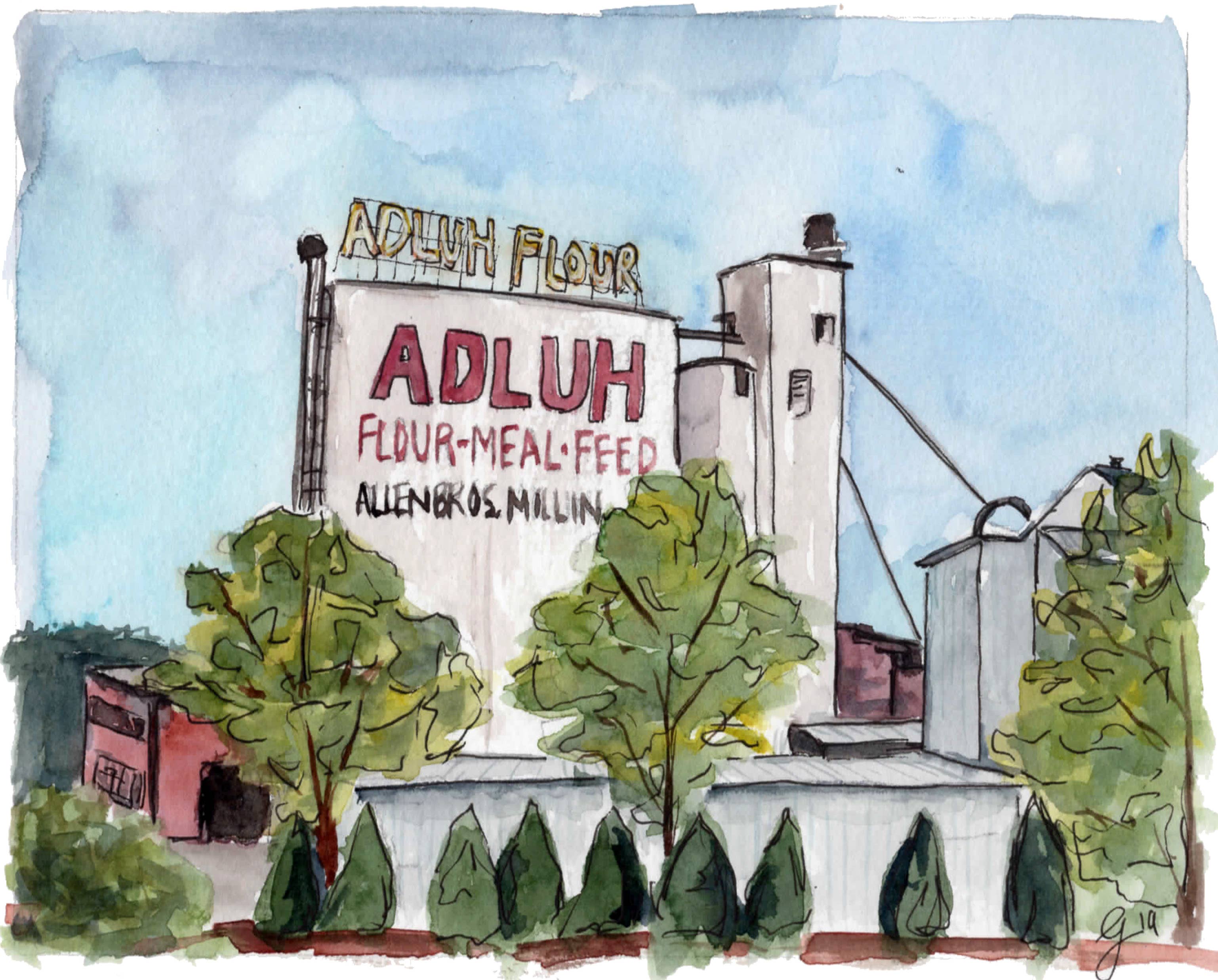 Grace Langdon Art - Wholesale Art Print - Adluh Flour Mill Watercolor Art Print0