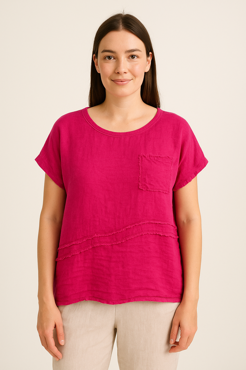 Lucy Sparks – wholesale T-shirt – women's – LINEN FRONT COTTON BACK T-SHIRT WITH CHEST POCKET2