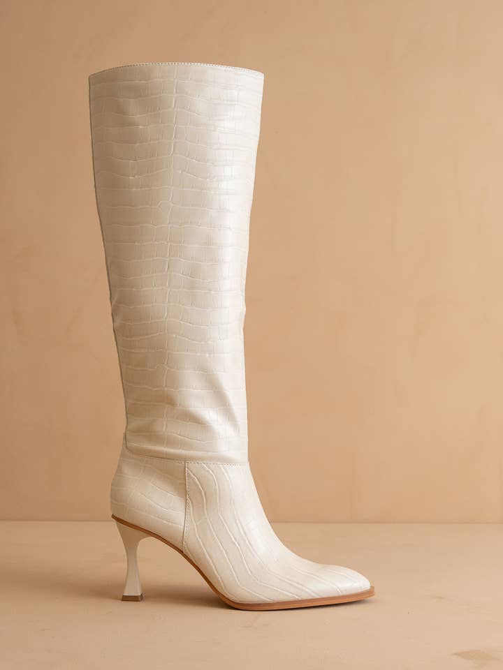 SOLD OUTThe Vanessa Off White | Reptile Print Knee High Boot for wholesale on Faire