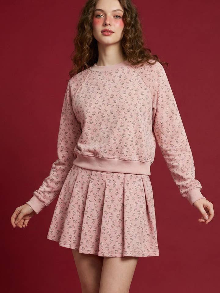 HT29030T-FLORAL LONG SLEEVE ROUND NECK SWEATSHIRT for wholesale by Taelynn