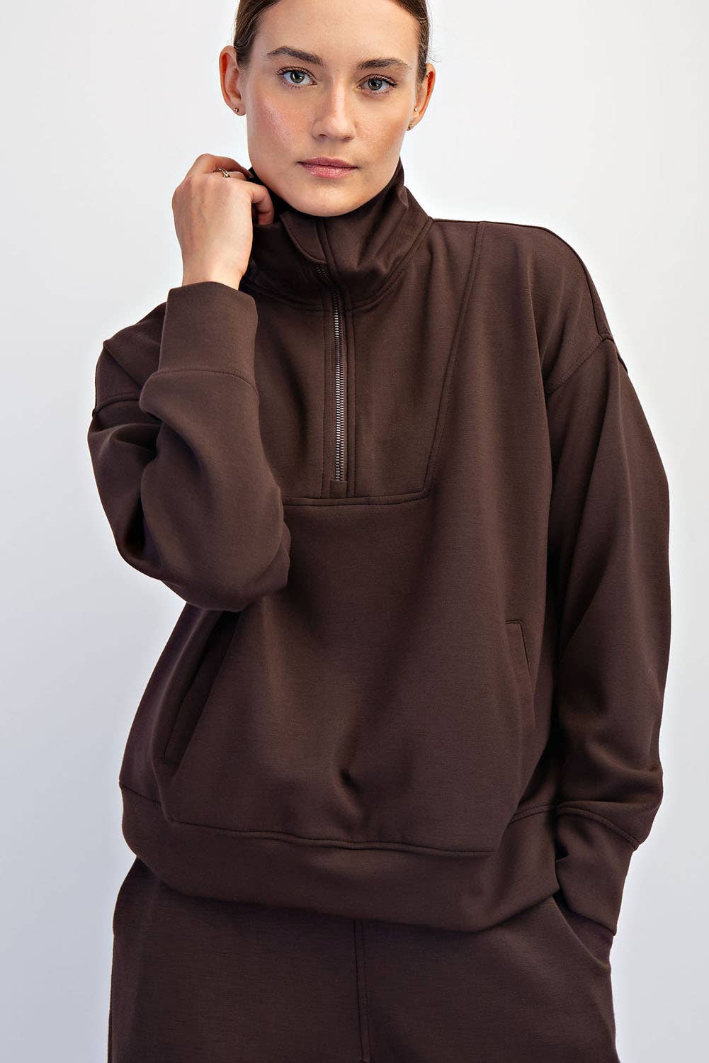 Rae Mode - Vendita all'ingrosso Felpa - Donna - PULLOVER CON COLLO A IMBUTO E ZIP A QUARTO IN MODAL SCUBA18