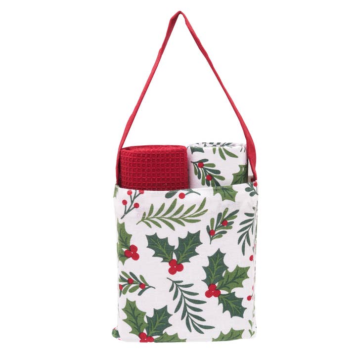 Coffret cadeau de Noël avec serviette de cuisine et sac Holly Sprig Berry pour la vente par C&F Home