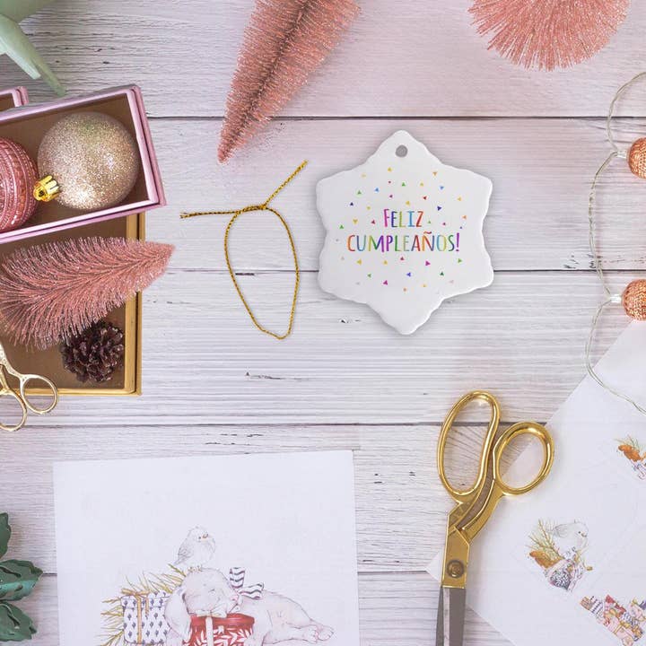 3dRose - Wholesale Ornament - 3dRose, Feliz cumpleaños - Happy Birthday in Spanish colorful rainbow text, Ornament12