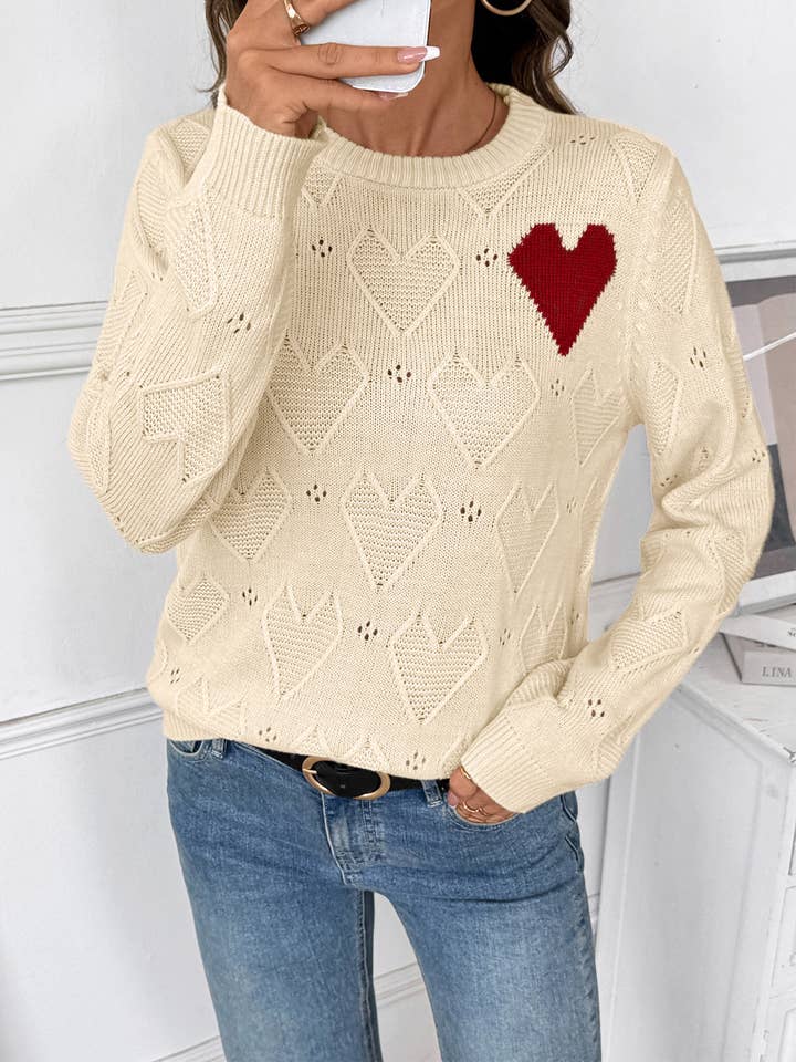Knit Sweater with Heart Pattern and Contrast Heart Patch for wholesale by Anna Kaci Wholesale