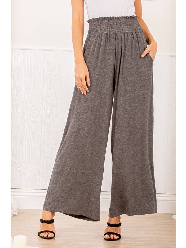 HEIMISH - Wholesale Pants - Women's - SP1123-10 FOLD OVER WIDE LEG SOLID PANTS WITH SMOCKED AND SI0