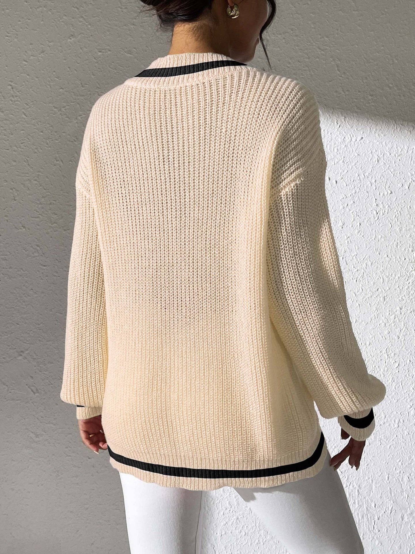 Suhkasana - Wholesale Knit Sweater - Women's - Preppy Colorblock V-Neck Loose Knit Sweater13