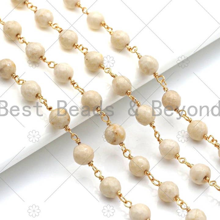 BestBeads&Beyond – Großhandel Perlenkette – Natürliche Korallen-Rosenkranzkette, 6mm weiße Koralle Perlenkette, Draht umwickelte Goldkette, Halskette Armband Bauch Gläser Drahtglieder Kette, Sku #V73