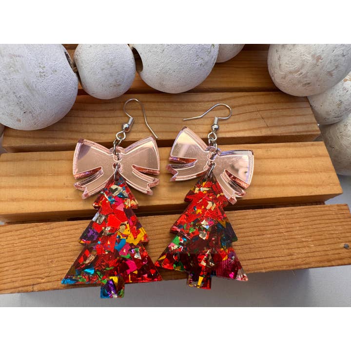 Truly Olive – Brincos de argola por atacado – Árvores de Natal com Brilho e Laço Dourado Rosé5