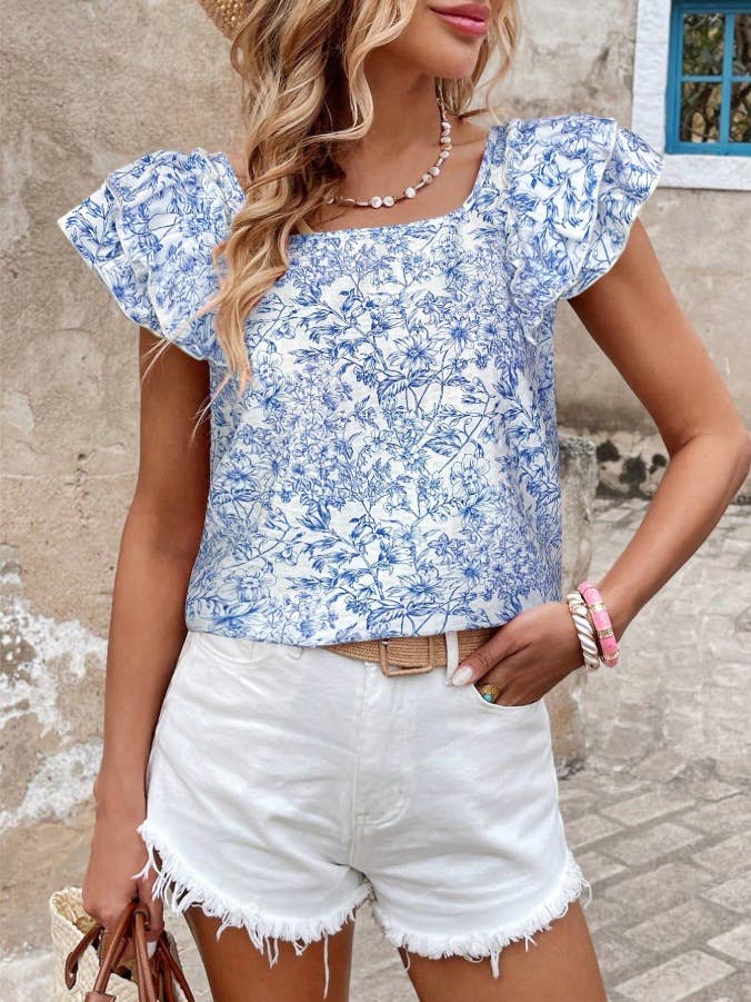 Rosa Clothing - Wholesale Blouse - Women's - Floral Ruffled Sleeve Square Neck Bow Back Top