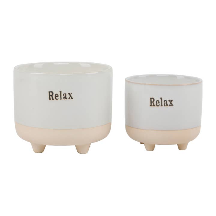 6IN & 4.75 IN TEXT Relax CERAMIC FOOTED PLANTER, SET OF 2 for wholesale by Flora Bunda Inc
