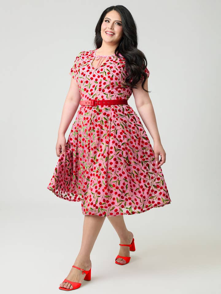 Unique Vintage Plus Size Pink Velvet Cherries Dahlia Swing Dress for wholesale by Unique Vintage