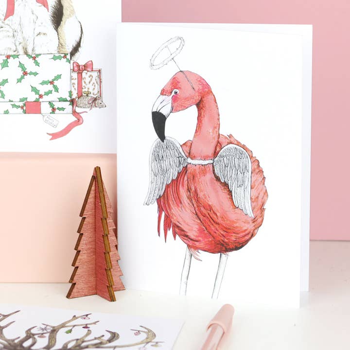 Flamingo-kerstkaart | Feestelijk feest | Grappige kerstkaart voor wholesale door Fawn & Thistle Ltd (US Duties Paid)