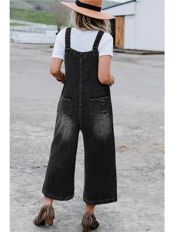 Babs + Birdie - Wholesale Overalls - Women's - Indigo | Distressed Bib Pocket Wide Leg Denim Overall8