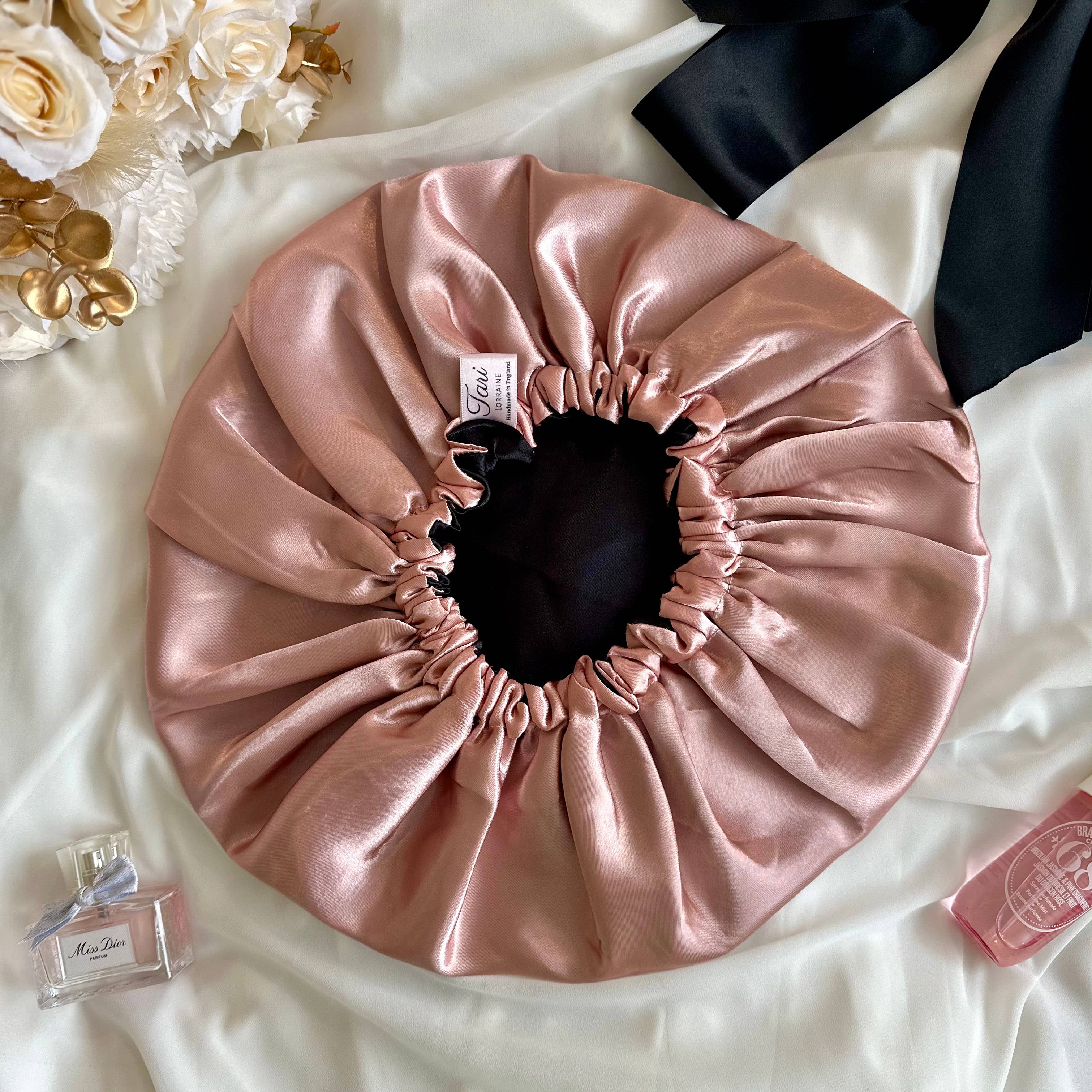 Tari Lorraine Ltd – wholesale Sleep cap / bonnet – women's – Rose Pink Silky Satin Reversible Hair Bonnet0