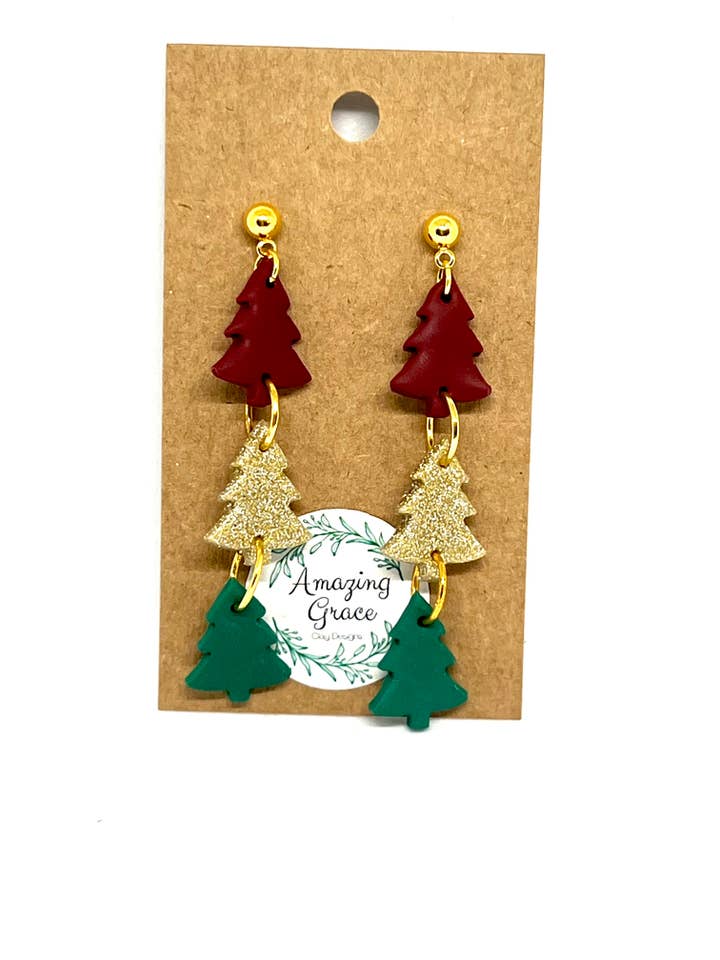 Brincos Árvore de Natal com três camadas por atacado de Amazing Grace Clay Designs