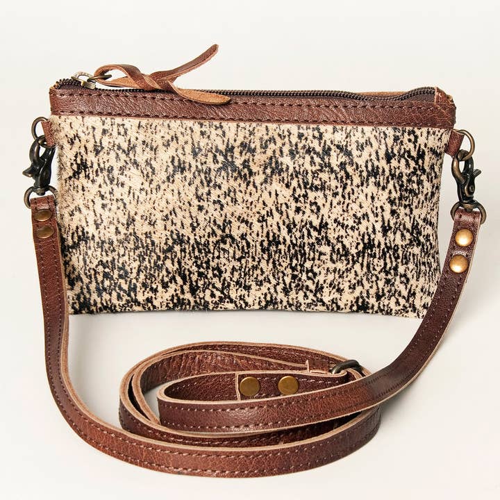 LS Western - Wholesale Crossbody Bag - Women's - LC-ADBGS142Q Speckled Brindle Hair-On Mini Crossbody - Western Leather Purse with Adjustable Strap1