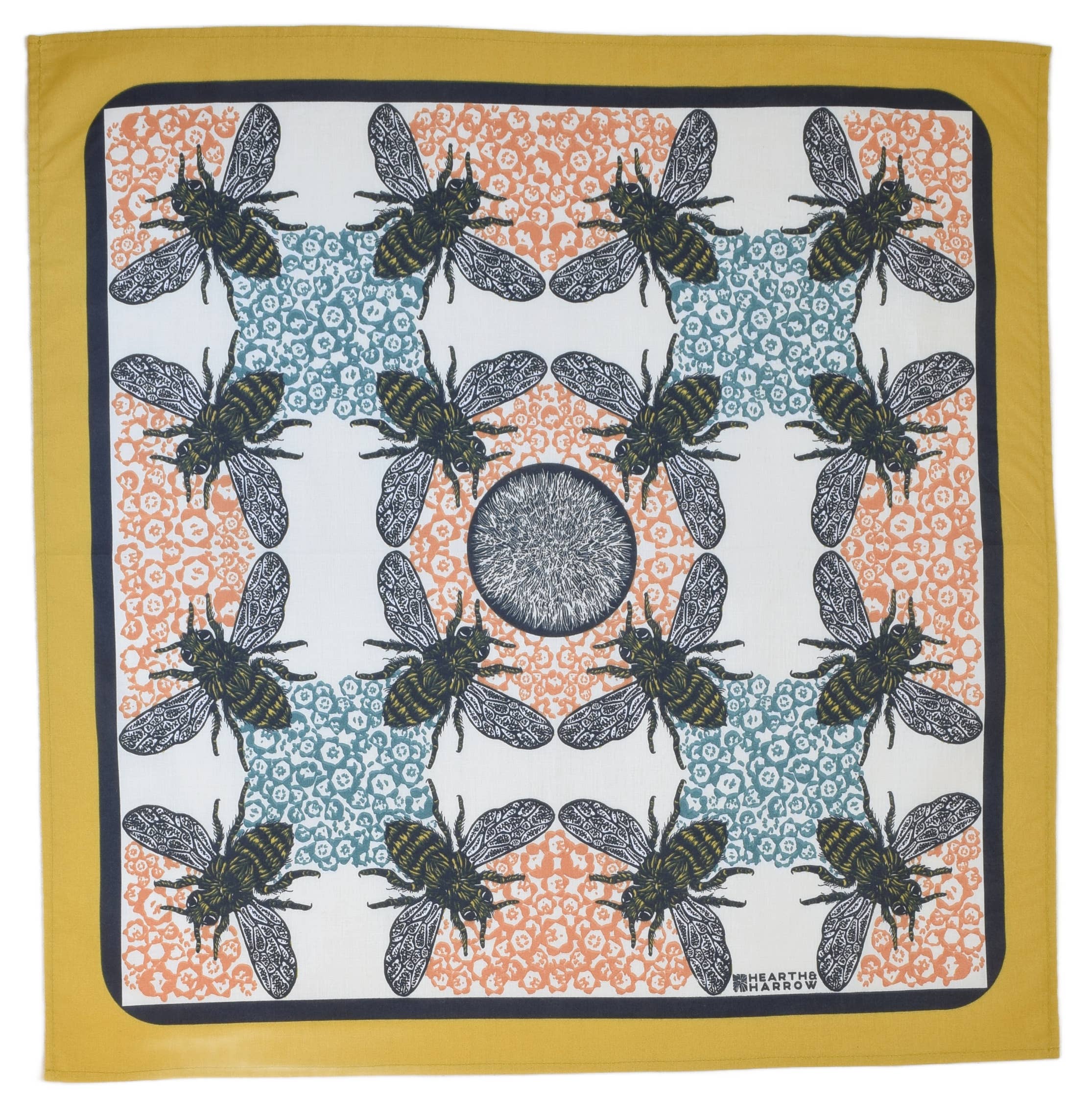 Hearth and Harrow - Wholesale Bandana - Unisex - Honeybee Bandana - 100% Cotton - Yellow Teal - Hand Printed1