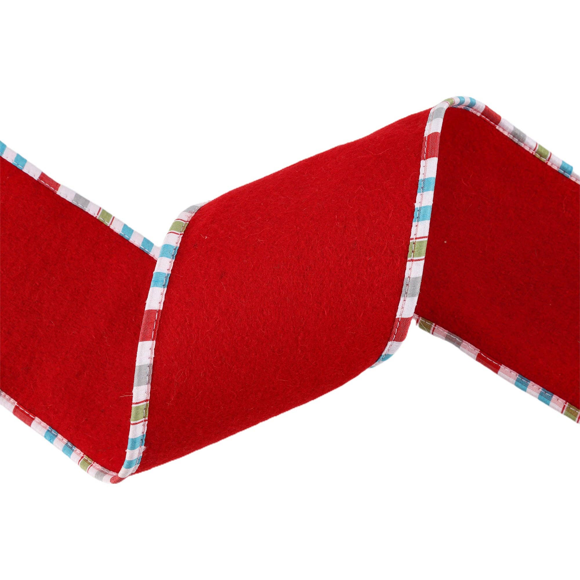 LA Ribbons Wholesale - Wholesale Ribbon - Gift Wrapping - 4" Wired Ribbon | Red Felt w/ Teal Plaid Edging | 5 Yard Roll4