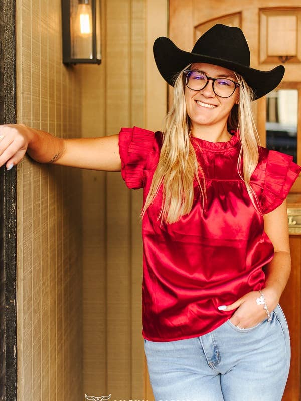 Red Satin Pleated Ruffle Sleeveless Top for wholesale by LUCKY & BLESSED