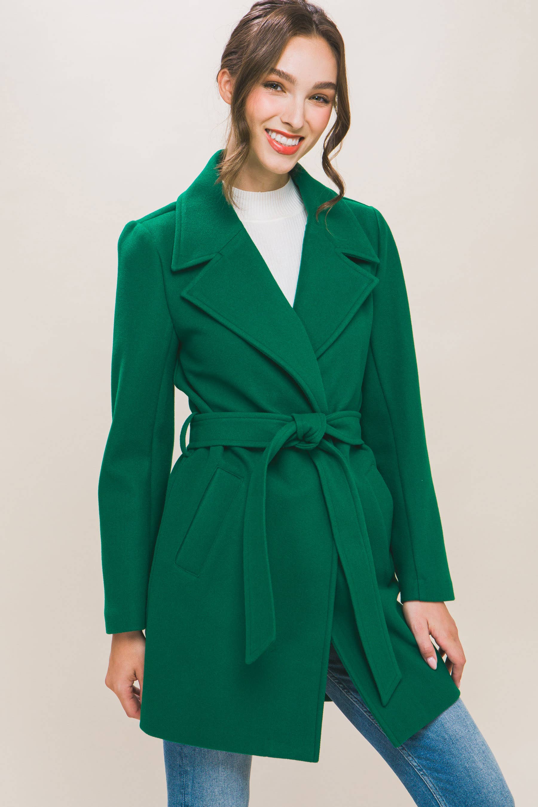 42POPS - Wholesale Coat - Women's - ....SI-26933 Lapel Collared Trench Coat with Waist Tie3