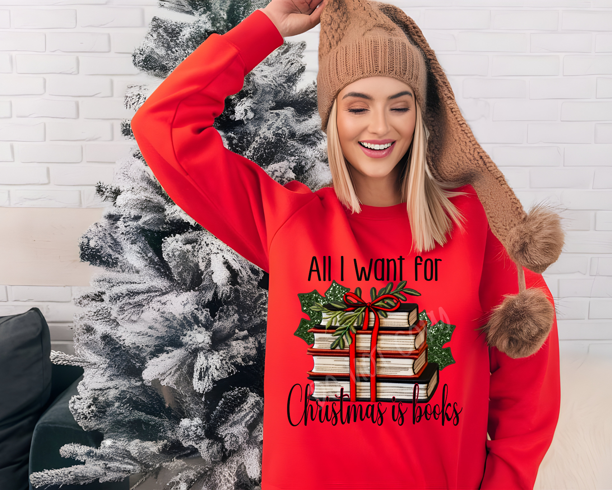 Cash & Drix Wholesale - Vente Sweat-shirt à imprimés – femme - Tout ce que je veux pour Noël, ce sont des livres - Sweat-shirt de fête0