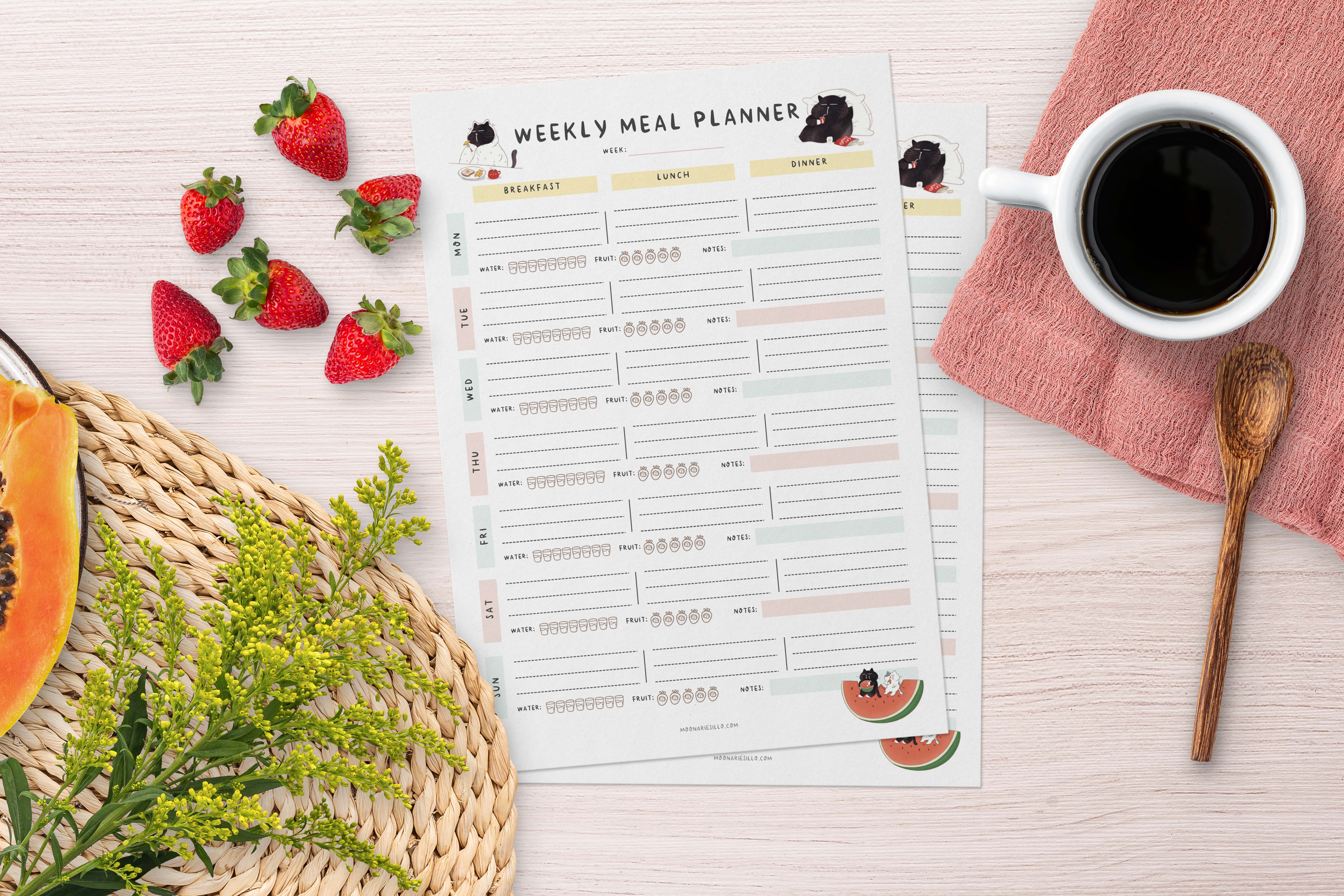 Moonaries illo - Wholesale Planner - Black cat weekly meal planner A5 size, 50 pages1