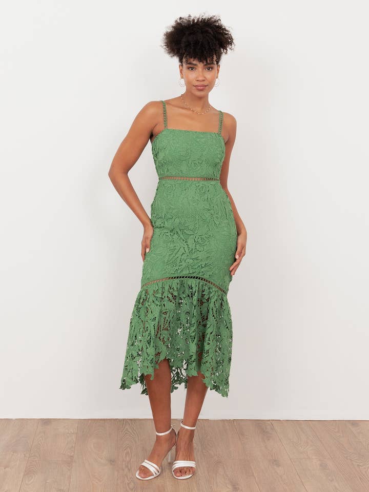 Maya Green Lace Cami Midi Dress for wholesale by Plaza Collection Ltd