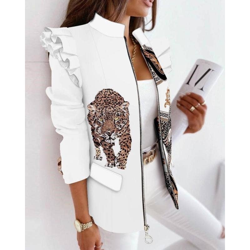 Ekartini - Wholesale Shirt Jacket/Shacket - Women's - Ruffled Long-Sleeved Stand Collar Zipper Print Shacket8