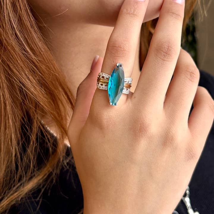 Bague Marquise Aigue-marine – Argent Sterling 925 & Or 10K pour la vente par QURI