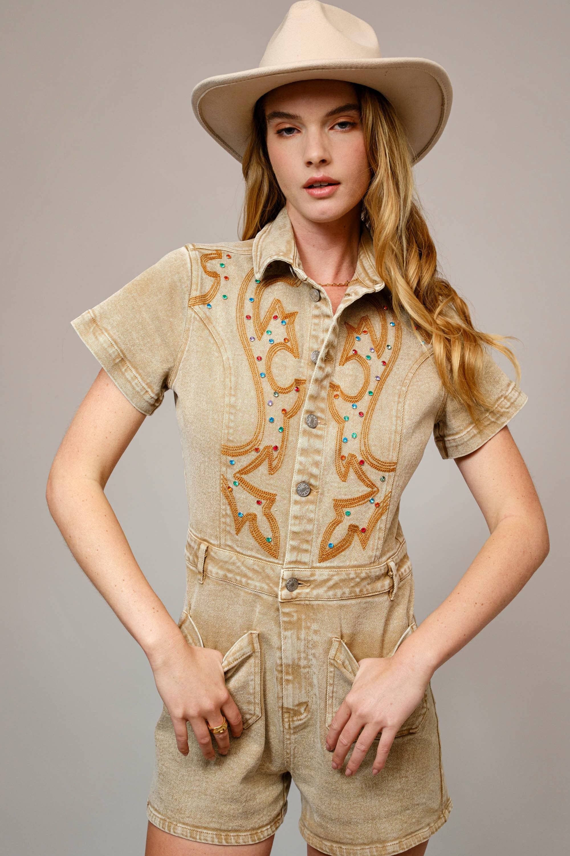 Blue B - Wholesale Romper - Women's - 23502R - Garment Washed Embroidered Denim Romper3