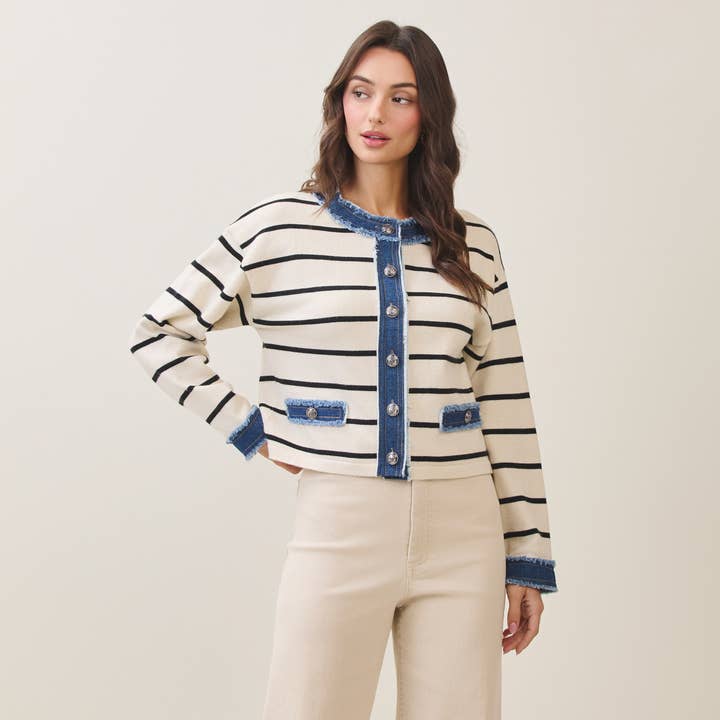 AT2392 Denim trim striped cardigan for wholesale by Able