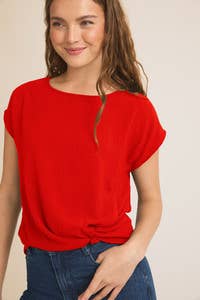 GILLI - Wholesale Blouse - Women's - SOLID WOVEN TEE WITH FRONT KNOT DETAIL4