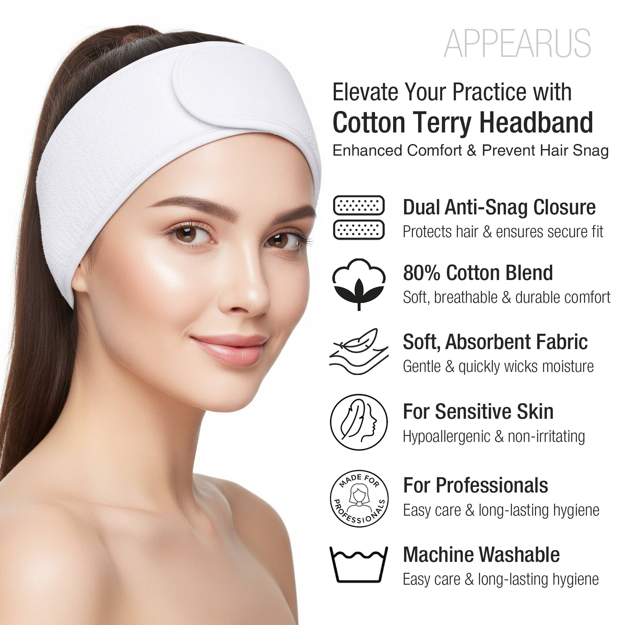 Appearus Products Corp. - Wholesale Spa Headband - Case of 360: Cotton Terry Spa Headband, Soft Velcro, White1